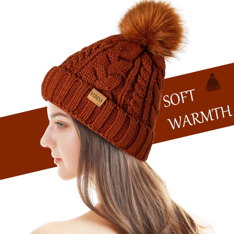 REDESS Women Winter Pompom Beanie Hat with Warm Fleece Lined, Thick Slouchy Snow Knit Skull Ski Cap - Image 3